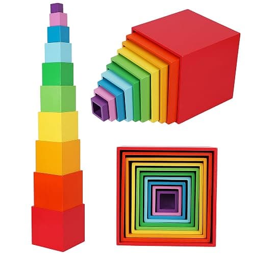 TOWO Wooden Stacking Boxes, Rainbow Nesting Sorting Cups for Toddlers | Rainbow wooden stacking cubes support color sorting, nesting and early learning; Montessori toy for toddlers age 2+ - Image 1