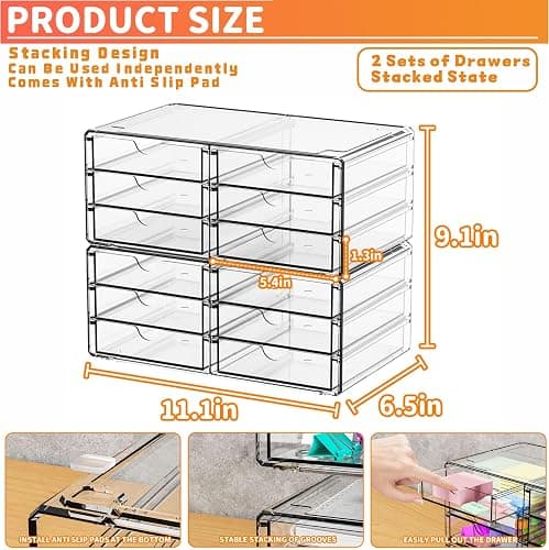 Yieach 2 Pack Acrylic Storage Drawers With 12 Small Drawer,Stackable Office Cabinet Organizer and Makeup Organizer,Clear Plastic Drawers for Craft Supply,Pen,Stationary,Accessory,Makeup,Desk Organizer thumbnail 2