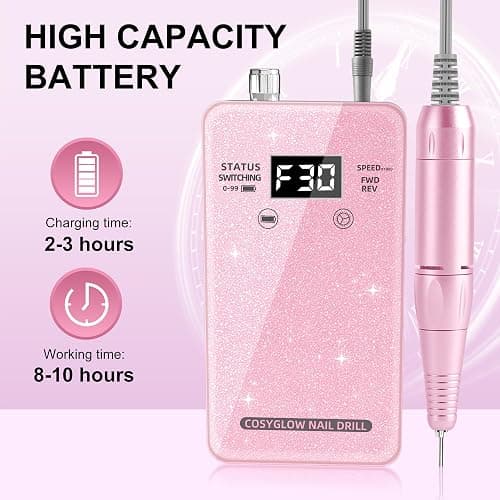 Professional Electric Nail Drill File:COSYGLOW Glitter Portable Cordless E-File Nail Drill Kit with 11 Drill Bits,30000 RPM Rechargeable Nail Drills Machine for Acrylic Nails Gel Polishing (Pink) thumbnail 4