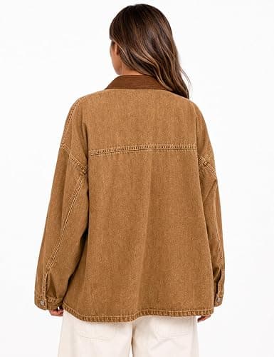 Yeokou Women’s Oversized Jean Jacket Button Down Casual Washed Coat | Washed denim fabric, Contrast canvas collar, Button front placket, Patch pockets, Fall trendy versatile street outfit thumbnail 2