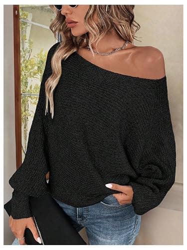 RoseSeek Women's Off Shoulder Lace Up Open Back Sweaters Long Sleeve Loose Pullovers Casual Knit Fall Tops thumbnail 4