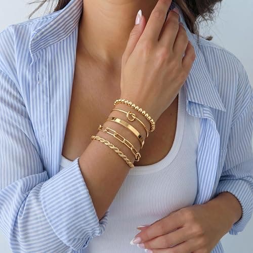 Gokeey Gold Bracelets Set for Women Non Tarnish, Waterproof 14K Gold Plated Sterling Silver Chunky Cuff Bracelet Stackable Gold Bangles Bracelet for Women Trendy Fashion Accessories Tie Knot Cuban Rope Paperclip Beaded Bracelet Stack Jewelry Mothers Day Gifts for Mom Birthday thumbnail 5