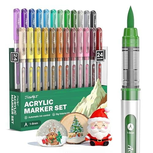 JusArt Acrylic Paint Markers Brush Tip 24 Colors, Water-Based No-Bleed Markers with Automatic Ink Control, Waterproof Acrylic Paint Pens for DIY Art & Crafts -Fabric, Rock, Wood, Glass, Ceramic, Metal - Image 1