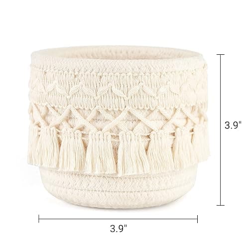 Mkono Macrame Makeup Brush Holder Organizer Comb Brushes Mini Storage Basket Set of 2 Boho Decor Baskets for Pen Pencil Box Container ,Ivory thumbnail 3