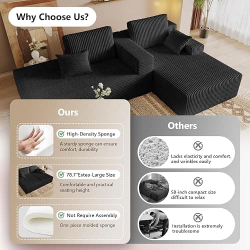 Oversized 80" Double Chaise Lounge Chair Futon Sofa Bed Boneless Cloud Couch Sleeper Sofa, Flannel Upholstered Floor Sofa Modular Sectional Loveseat with 2 Throw Pillow & Backrest Pillow, Black thumbnail 5