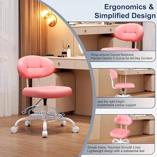 Misolant Vanity Chair with Back, Small Armless Cute Office Chair with Wheels and Lumbar Support, Comfy PU Leather Desk Computer Chairs with Adjustable Height, 360°Swivel for Home Bedroom Office, Pink thumbnail 6