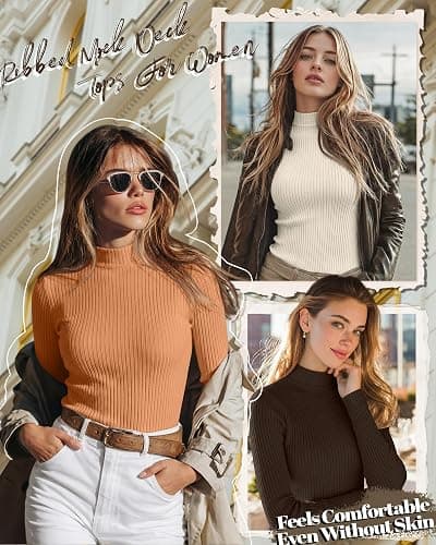 Riyiper 3 Pack Women's Mock Neck Tops Ribbed Long Sleeve Shirts | Mock Turtlenecks, Slim Fitted Undershirts, Basic Workout Layering Tees, Turtle Necks Blouses, Ladies' Business Casual Clothes thumbnail 3