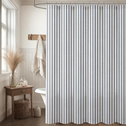 NDDYCU Navy Blue Linen Shower Curtain 72x72 Inches,Vertical Stripe Bath Curtain,Rustic Farmhouse Bathroom Decor,Vintage Cottagecore Boho Style thumbnail 2