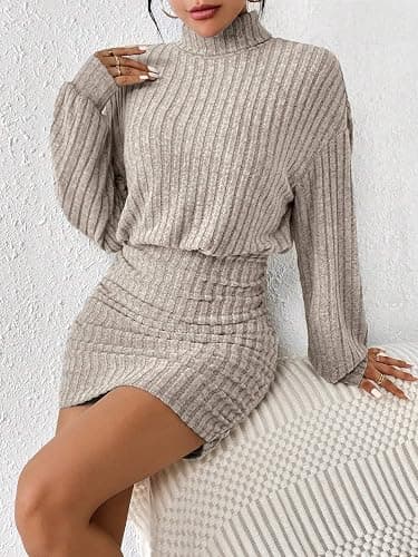 Women's Pullover Sweater Dress Long Lantern Sleeve Turtle Neck Cute Ribbed Knit Bodycon Mini Short Dress 2025 Fall thumbnail 4