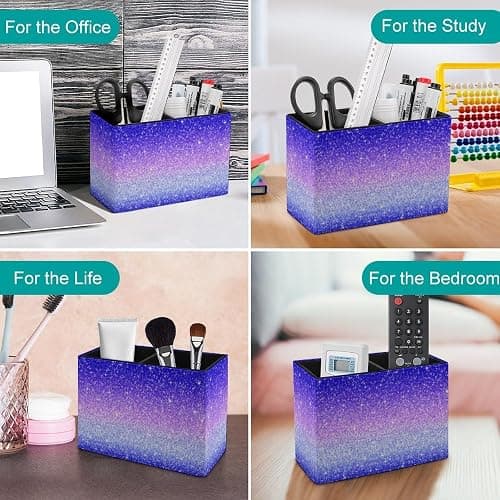 QIPVEKR Purple Blue Gradient Glitters Leather Pen Container 5.9X2.8 In | Multifunctional Pen Container with 2 Compartments,Pencil Holder Desktop Organizer Makeup Brush Holder for Office Home thumbnail 5