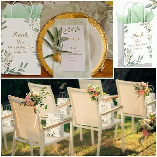 Fuutreo 100 Set Wedding Gift Bags with Tissue Paper Wedding Welcome Favor Paper Bags for Guests with Handles Thank You Bridal Shower Hotel 21 * 8 * 15cm(Eucalyptus Leaves) thumbnail 6