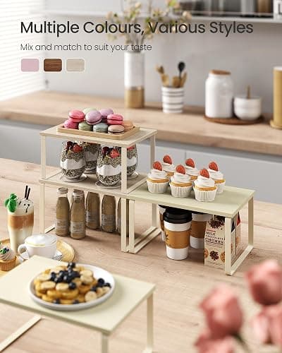 SONGMICS Spice Rack, Set of 2 Cupboard Shelf Organisers, Expandable Kitchen Shelf Organiser, Stackable Spice Holder, Metal and Engineered Wood, Travertine Beige and Cream White KCS020L01 thumbnail 2