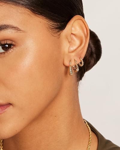 PAVOI 14K-18K Yellow Gold Plated 925 Sterling Silver Posts Three Pairs Small Hoop Earrings for Women - Statement Gold Hoop Earrings Set - Cubic Zirconia Rope Teardrop Chunky Huggie Earscape Piercings thumbnail 2