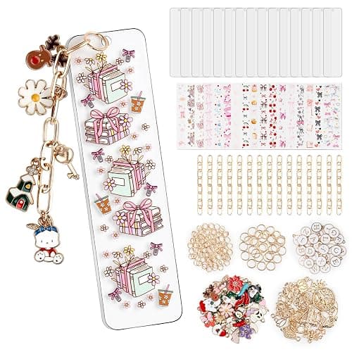 253 Pcs Bow Acrylic Bookmark Blanks(2mm) Thicken 15 DIY Bookmark Making 17 Bow UV DTF Sticker 76 Charms 15 Extender Chains and 130 Jump Ring Suitable for DIY Crafts Gifts - Image 1
