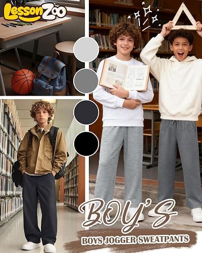 LessonZoo 4 Pack Boys Baggy Sweatpants Kids Wide Leg Pants | Boys Straight Leg Pants, Teen Athletic Joggers, Open Bottom Pant with Pocket, 5-14 Years, Lightweight, Back to School Clothes thumbnail 5