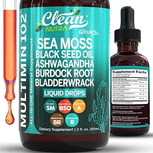 Sea Moss Liquid Drops Supplement with Black Seed Oil Ashwagandha Burdock Root & Bladderwrack - Multimineral Organic Non-GMO Vegan for Gut Heath Skin Immune Support Hair - Image 1