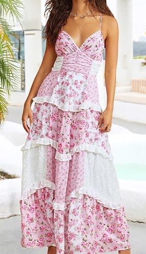ebossy Womens Lace Patchwork Floral Maxi Dress Spaghetti Strap Sexy Backless Ruffle Tiered Boho Beach Sundresses thumbnail 3