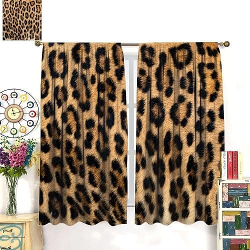 Leopard Print Curtains Retro Fur Skin Brown Farm 3D Leopard Print Ｗild Animal Fur Skin Window Treatments for Kids Living Room Bedroom Home Decor Window Drapes 42" W X 45" L thumbnail 2