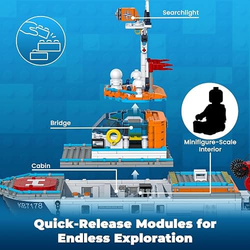 Glikid City Boat Building Set with LED Lights - Arctic Explorer Ship Toy Gift for 8 Year Old Boys and Girls, with Helicopter, Drone, Speedboat, Submersible, Iceberg, and Polar Bears thumbnail 6