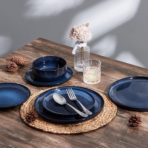 Joyfair Geschirrset 6 Personen, 18-tlg Steinzeug Tafelservice Set, Kratzfest Reaktive Glasur Geschirr Set mit Speiseteller, Dessertteller, Müslischalen, Mikrowellen- & Spülmaschinenfest, Tiefsee Blau thumbnail 2
