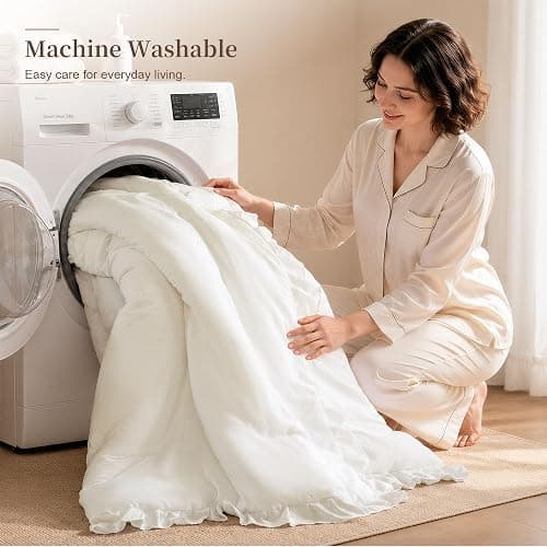 JANZAA Cream White Comforter Set Full, Ruffle Soft Bedding | microfiber bed set with 2 pillow sham ruffle design lightweight warmth breathable bedding machine washable thumbnail 6