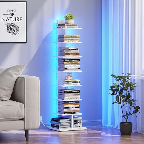 TUTOTAK Narrow Bookshelf, 8-Tier Bookcase with LED Lights, Spine Book Shelf for Small Space, Corner Standing Shelf for Living Room, Office, Study, Entryway, White BS06BW008L thumbnail 3