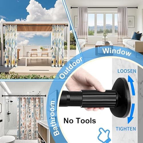 Tension Curtain Rod 51-86 Inch, Curtain Rod No Drilling for Window or Bathroom Closet, Outdoor Curtain Rods for Patio Tension Rod, Easy to Install, Never Rust, Rod Diameter 1.26 Inches - Black thumbnail 7