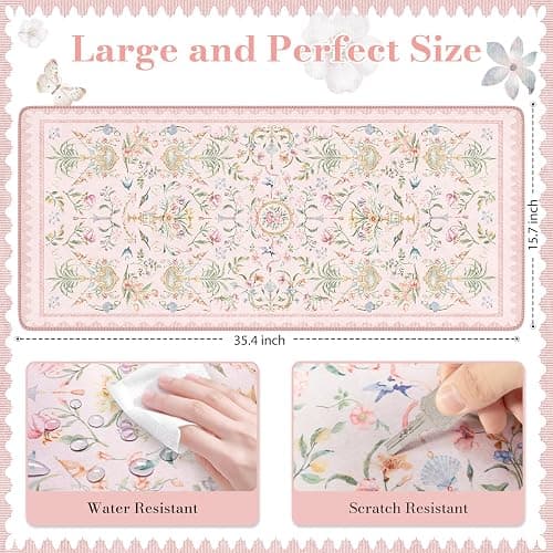 HAOCOO French Floral Desk Mat, Pink Desk Cover Mat, 35.4" x 15.7" Cute Long Mouse Pad, Aesthetic Flower Desktop Mat Accessories, Waterproof Teacher Desk Mat for Work, Study thumbnail 2