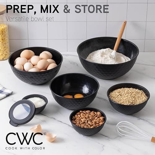 COOK WITH COLOR Mixing Bowls with Lids - 12 Piece Plastic Nesting Bowls Set includes 6 Prep Bowls and 6 Lids, Non Slip Bottom and Embossed Design - Microwave Safe (Black) thumbnail 7