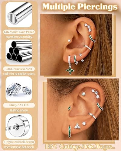 MILACOLATO Hypoallergenic Flat Back Earrings 14K Gold Plated Cartilage Earring Sets for Multiple Piercing 20G Surgical Stainless Steel Earrings for Women Trendy Earring Stacks Small Hoop Flatback Stud Earrings thumbnail 4