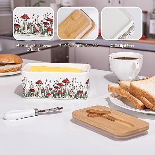 Fungi Fun Ceramic Mushroom Butter Dish with Lid and Knife, Cute Butter Dish for Countertop and Fridge, Ceramic Container for Countertop with Lid and Selicon Seal, Ideal for Mushroom Kitchen Decor thumbnail 4