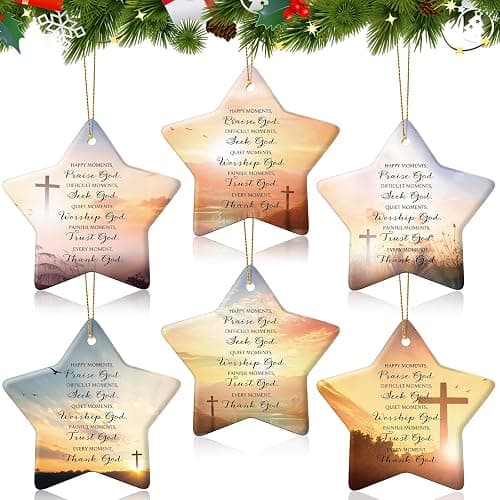 Suilung 6 Pcs Christmas Christian Ornaments Star Shaped Bible Verse Double Side Printing Ceramic Inspirational Religious Gifts Christmas Tree Hanging Decor for Employee Women Men - Image 1