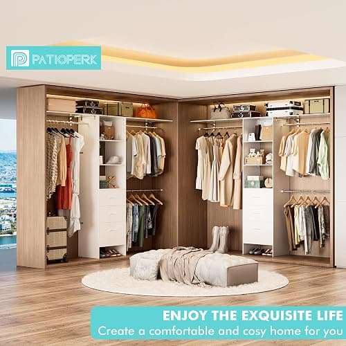 PatioPerk Closet System with Drawers, 8FT Walk in Closets Organizer with 3 Shelving Towers, 96" Wooden Storage Systems with Hanging Pods, Built-in Garment Rack for Bedroom thumbnail 2
