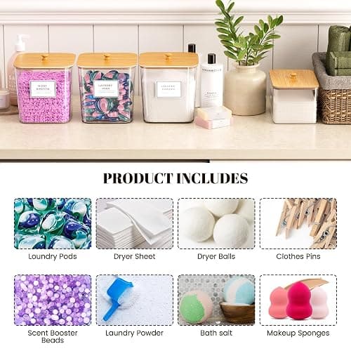 4+1 Pack Laundry Room Organization Containers,Clear Laundry Pods Container,Large Laundry Detergent Powder Storage Containers with Wooden Lids & Labels,Laundry Pods Holder for Scent Booster,Powder,Pods thumbnail 7