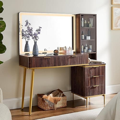 T4TREAM Fluted Makeup Vanity Desk with 36" HD Lighted Mirror, 48" Big Modern Vanity Desk with Mirror and Lights, Dressing Table with 5 Drawers & Shelves, Glass Top for Bedroom (Dark Walnut) - Image 1