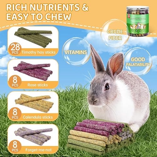 52Pcs Rabbit Chew Sticks, Guinea Pig Toys, Natural Timothy Grass Molar Teeth Stick, Mixing Flowers, Roses, Calendula and Forget Me Not, Small Animals Treats thumbnail 2