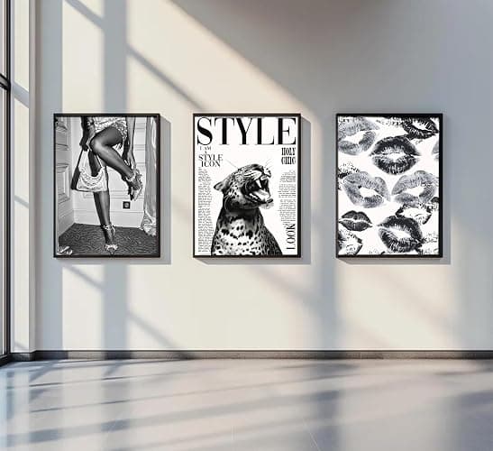 3Pcs Trendy Black and White Leopard Canvas Wall Art Vintage Newspeper Cheetah Wall Decor Fashion Girl Poster Heels Lips Picture Luxury Feminist Painting Print Artwork for Apartment Dorm,Unframed thumbnail 7