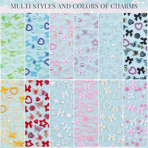 Skriist 1500PCs Multicolor 3D Nail Charms Set for Acrylic Nails Design DIY Decoration, Assorted Heart Star Rose Butterfly Cute Nail Jewels Nail Art Rhinestones with Pickup Tool thumbnail 3