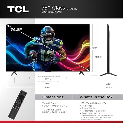 TCL 75 Inch Class QM6K Series | Mini LED QLED 4K HDR | 75QM6K, 2025 Model | 120HZ-144HZ High Brightness Smart Google TV Dolby Atmos Onkyo Audio | Voice Remote Alexa Gaming Streaming Television thumbnail 3