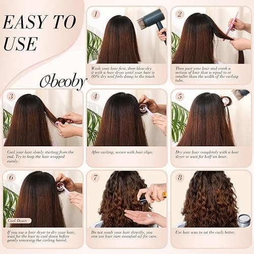 obeoby 4 Sizes Self-Grip Hair Rollers Curlers Set for Women, Pink | No-heat Set with Clips Comb (25, 36, 48, 60mm) Plastic Jumbo Large Small for Long Short Curly Bangs Styling Accessories Gifts thumbnail 4