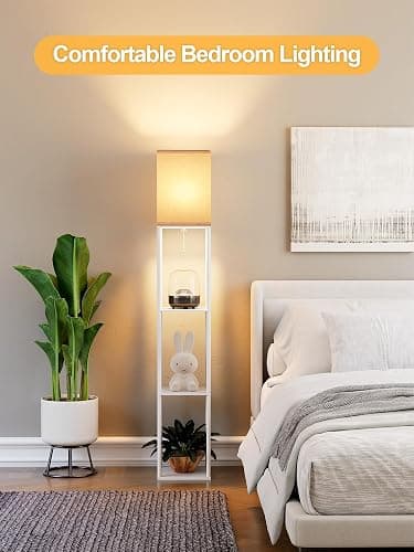 Floor Lamp with Shelves for Living Room White, Shelf Floor Lamp with 3 CCT LED Bulb, Corner Display Standing Column Lamp Etagere Organizer Tower Nightstand with White Linen Shade for Bedroom, Office thumbnail 8