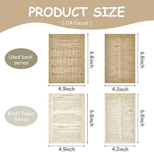 Zonon 114 Pieces 2 Sets Junk Journal Pages Vintage Ephemera Pack Craft Paper Junk Journal Vintage Paper for Albums Planner Decorative Crafts Embellishment Supplies(Old Book and Vellum Series) thumbnail 3