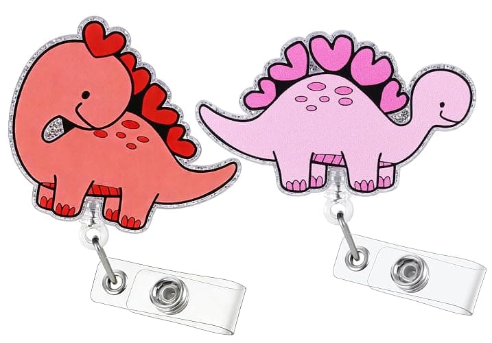 Cute Nurse Badge Reel Retractable ID Badge Holder Clip Funny Pink Dinosaur Badge Reel Pediatric Nursing Student Name Badge Holders, RN CNA MA Medical Worker Nurse Accessories Gifts (2Pcs) - Image 1