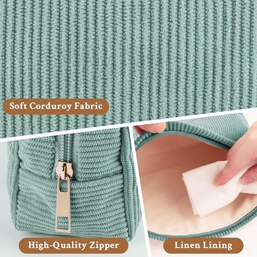 Makeup Bag Set，3 Pcs Initial Makeup Bag, Corduroy Cosmetic Bag with Zipper Closure，Cute Make Up Bag Purses Pouch Travel Toiletry Bag for Women Girls Friend Personalized Gifts (Green) thumbnail 3