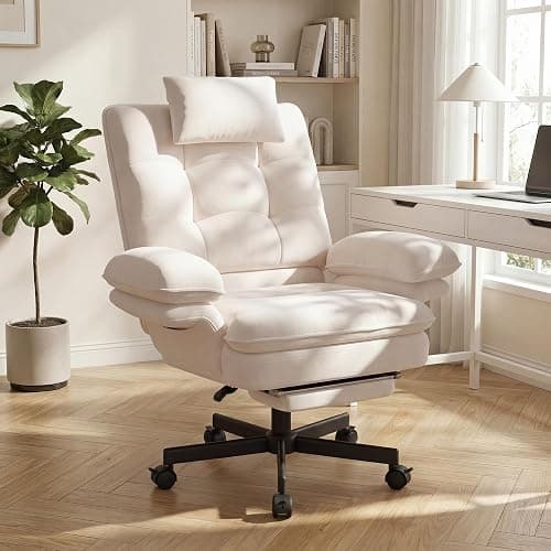 Criss Cross Office Chair with Flip-Up Armrests and Headrest, 135° Reclining Swivel Velvet Criss Cross Chair with Wheels & Foot Rest, Big and Tall Cloud Cross Legged Office Chair for Home, Cream - Image 1