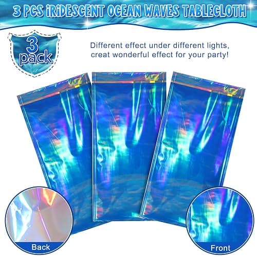 3 Pcs Iridescent Waves Tablecloths - Disposable Plastic Ocean Blue Table Cloth Rectangle Table Covers for Under the Sea Beach Surf Pool Party Birthday Party Decorations, 54 x 108 Inch thumbnail 5