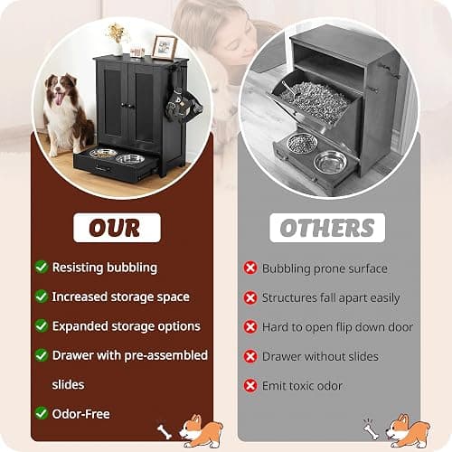 ALINE FURNITURE Dog Feeding Station with Storage Cabinet and 2 Elevated Dog Bowls, Hidden Pet Feeder Station Wood, Dog & Cat Storage Organizer, Black thumbnail 4