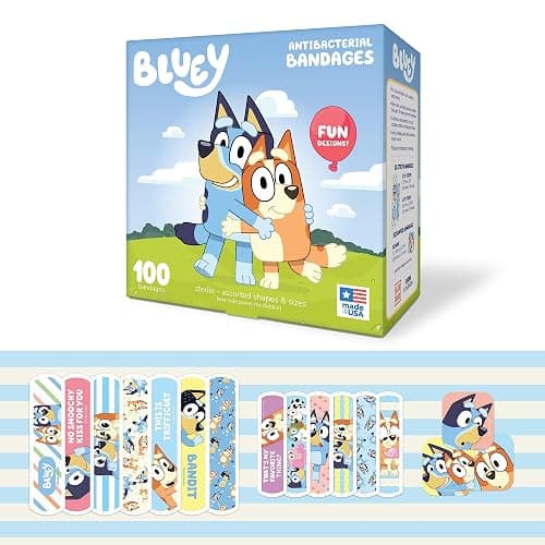Bluey Kids Bandages, 3 Assorted Sizes 100 CT | Wear Like Stickers, Flexible Adhesive Bandages for Minor Cuts, Scrapes, and Burns. Great Gift idea and Stocking Stuffer - Image 1