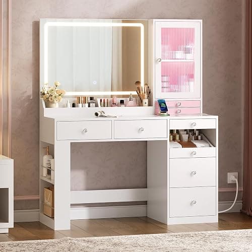 MSmask Makeup Vanity Desk with Mirror and Lights & Large LED Cabinet, Vanity Table with 2 Jewelry Boxes, 6 Drawers & Shelves, Dressing Table with Power Outlets for Women Girls Bedroom, White - Image 1