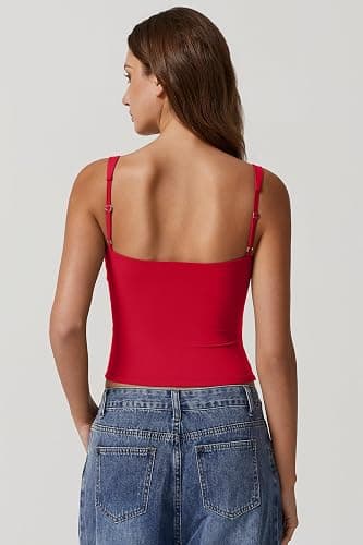 QINSEN Women's V Neck Tank Tops Double Lined Adjustable Strap Camisole Shirt thumbnail 5